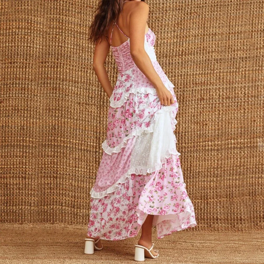 Pink Boho Flowy Women's Floral Maxi Sundress